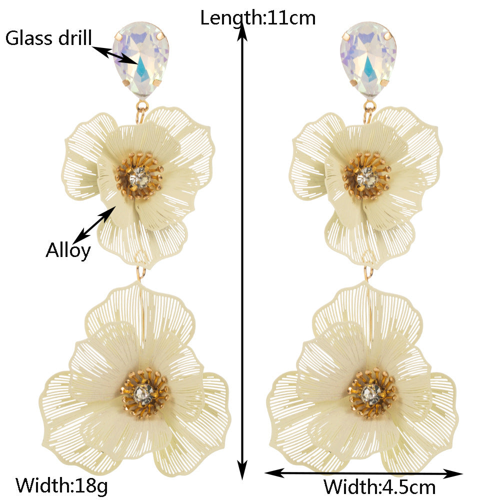 European, American and Korean sweet multi-layered flower earrings, women's diamond-encrusted light luxury, high-end earrings, temperament, long banquet earrings