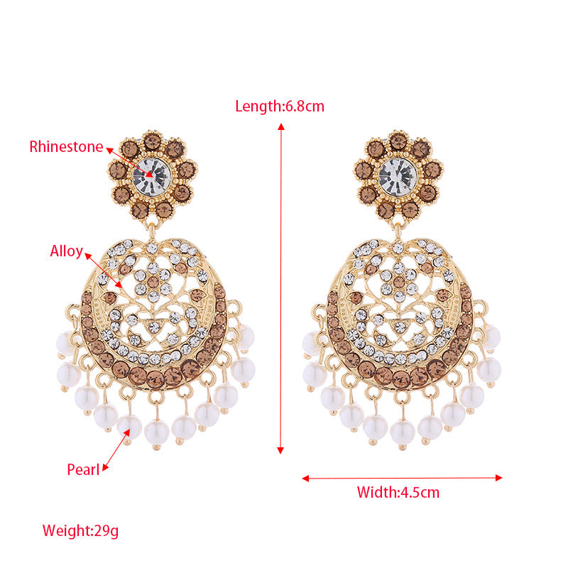 Earrings exaggerated vintage gold imitation pearl floral silver pin earrings elegant and atmospheric long multi-layered cut-out earrings