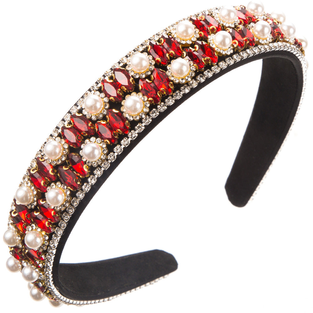 European and American new retro light luxury high-end headbands, women's wide-edged diamond-studded pearl temperament headbands, versatile banquet hair accessories