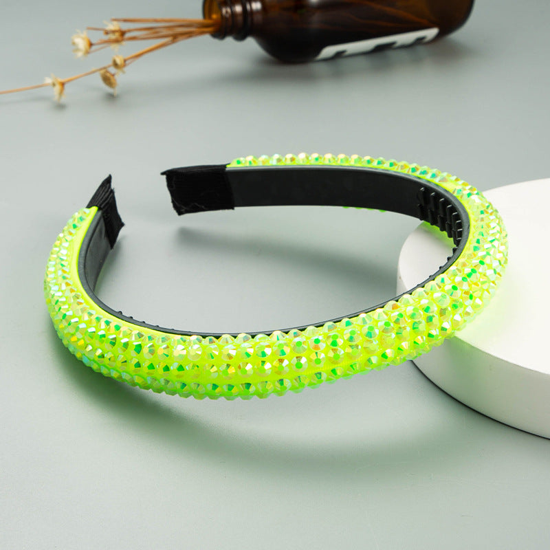 Cross-border European and American spring and summer new thin edge super flash headband, bright solid color fabric, full diamond headband, toothed anti-slip hair accessories