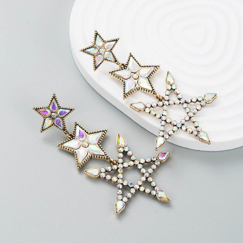 European and American fashion exaggerated alloy color rhinestone earrings, five-pointed stars, long trendy street photography party earrings, earrings