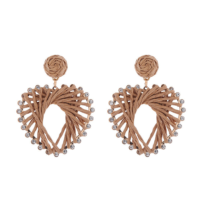 European and American new raffia braided heart-shaped S925 silver needle earrings, women's fashion versatile, atmospheric alloy inlaid diamond earrings