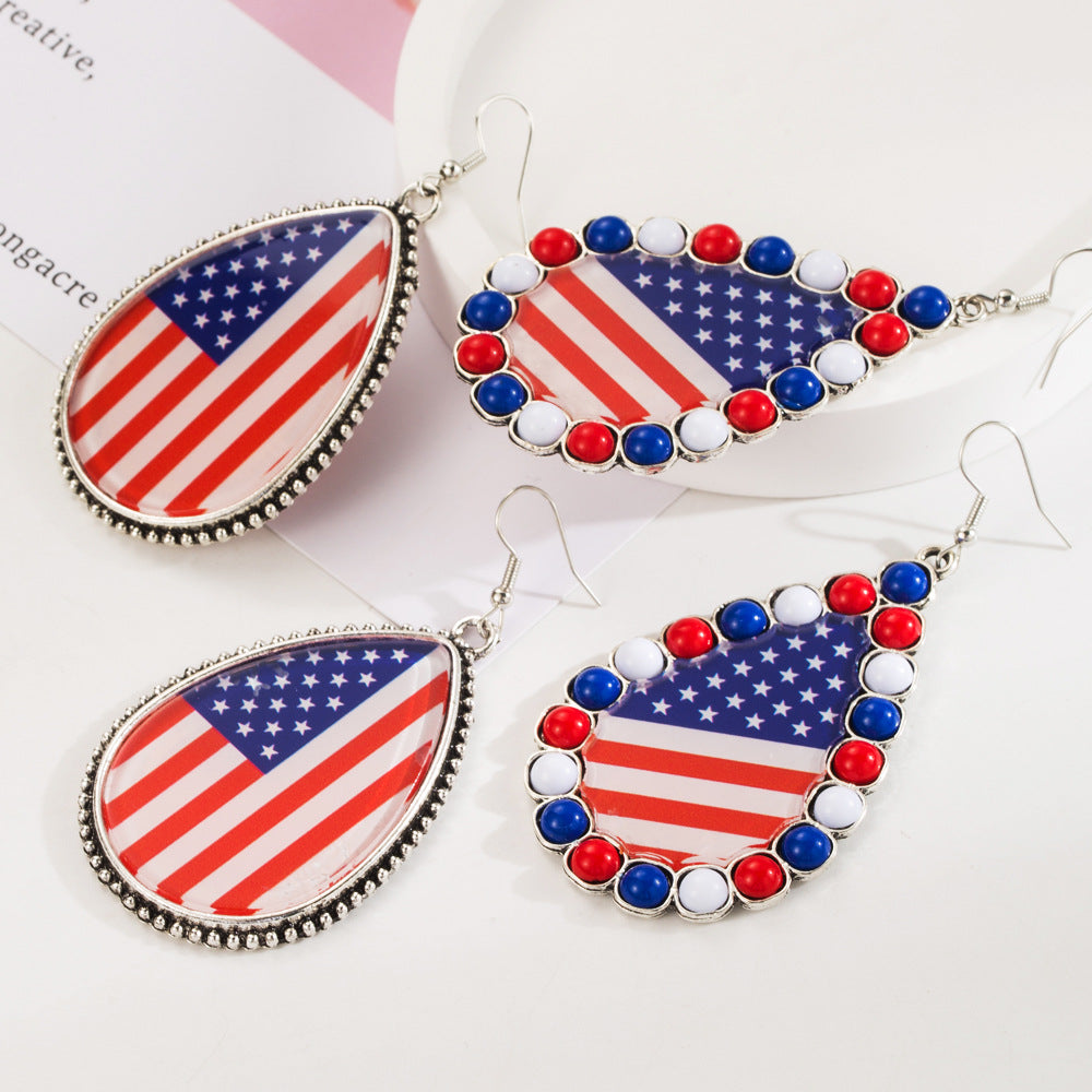 European and American cross-border American Independence Day earrings alloy inlaid with acrylic diamonds, red, white and blue printed flag earrings, earrings, earrings
