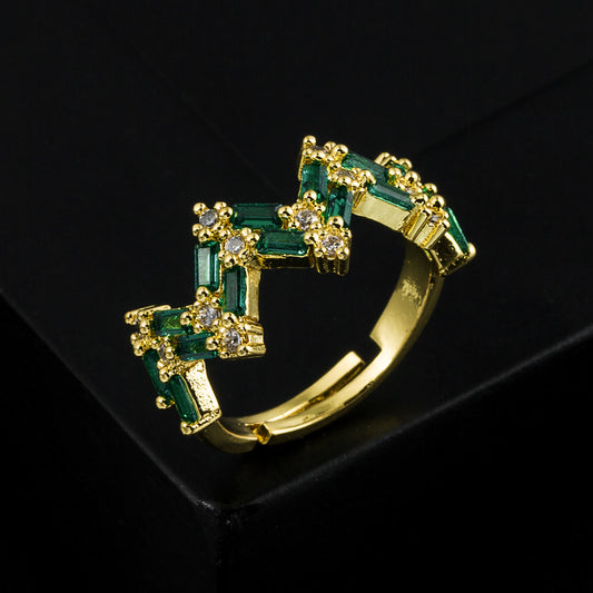 European and American cross-border fashion green zircon ring women's personality design wide face korean trend net red cold wind ring