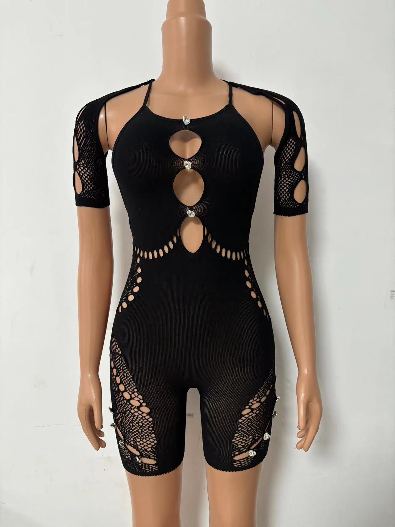 Yue Die's new halterneck sleeves sexy slim see-through hollow high-waisted diamond-encrusted lace jumpsuit YDT033