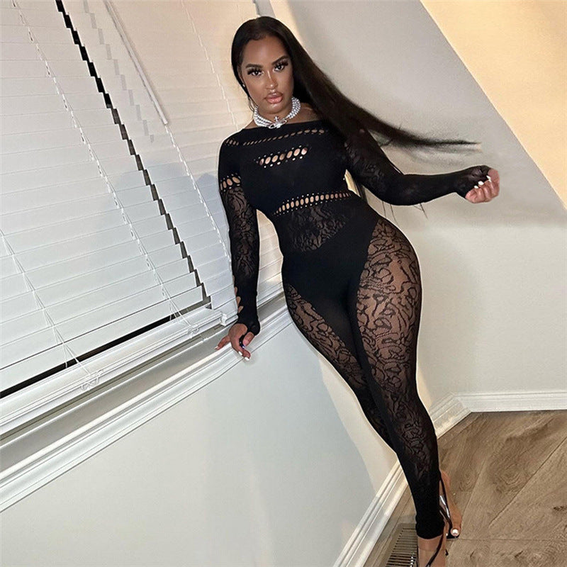 Yue Die European and American women's new sexy cut-out knit jacquard dark pattern high-waisted skinny long-sleeved jumpsuit YDT036