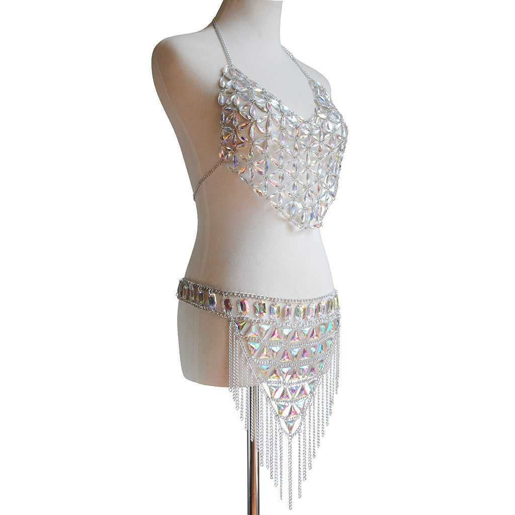 New European and American cross-border summer acrylic body chain set multi-layer tassel waist chain + bra set body chain
