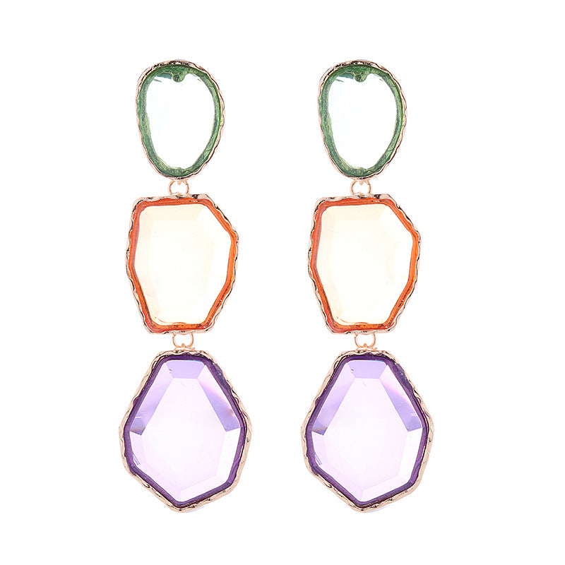 European and American cross-border new exaggerated multi-layer long earrings geometric polygonal alloy inlaid resin earrings