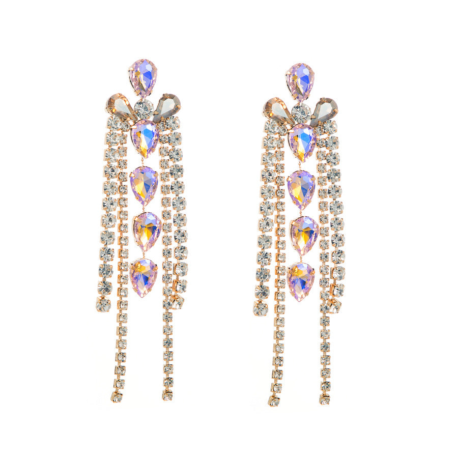 European and American personality exaggerated, multi-layered geometric glass, diamond and diamond tassel earrings, feminine diamond catwalk earrings