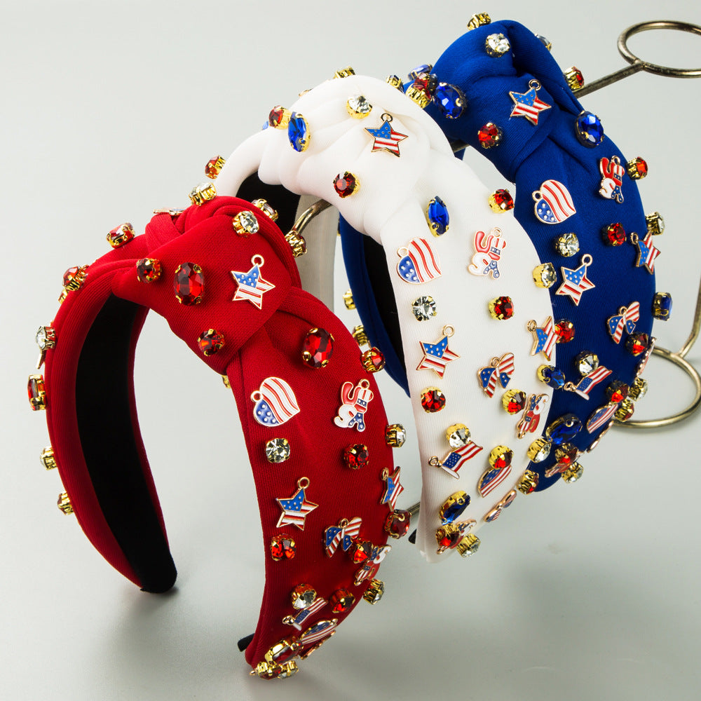 European and American new American flags, Independence Day headbands, sandwich fabrics, hand-sewn glass diamonds, national flag accessories, dripping oil hair accessories