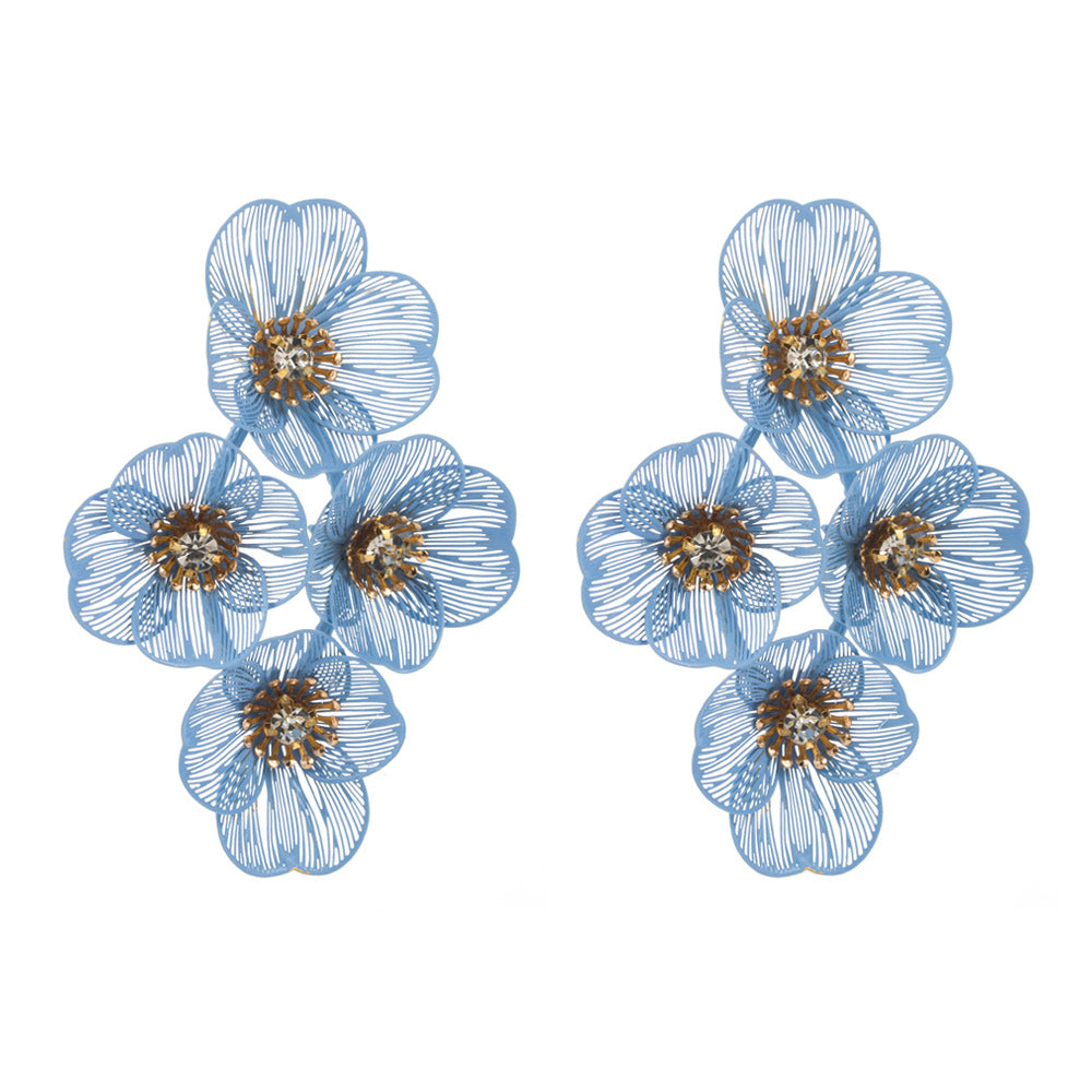 Cross-border new fashion summer floral earrings with multi-layered temperament, exaggerated cut-out flower and diamond earrings