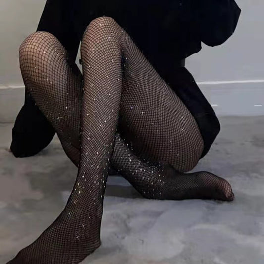 Sexy hollow fishnet hot diamond Biu flash nightclub princess jumpy versatile black small net thin pantyhose