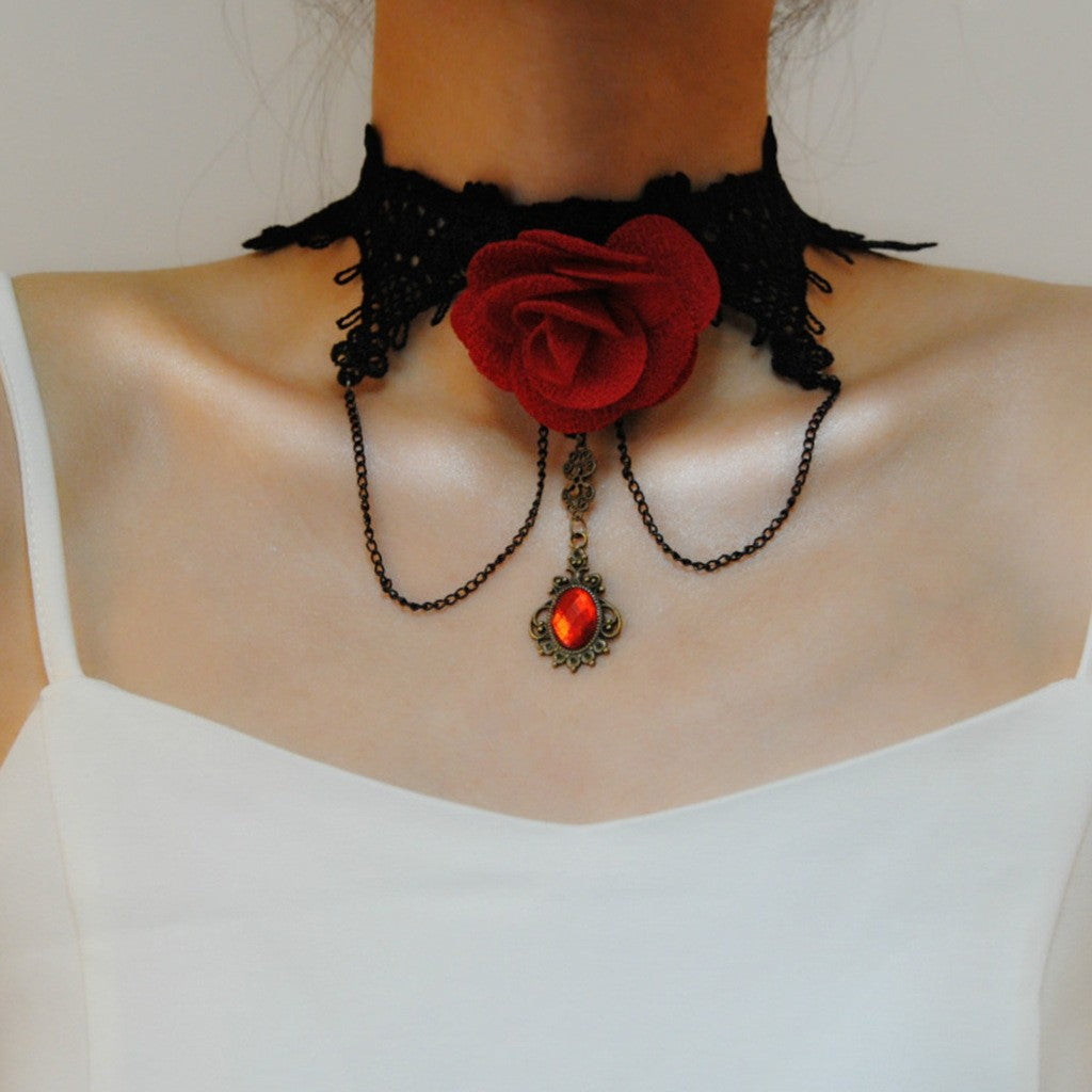 2024 European and American cross-border hot sale gothic red rose retro choker palace choker wedding lace necklace