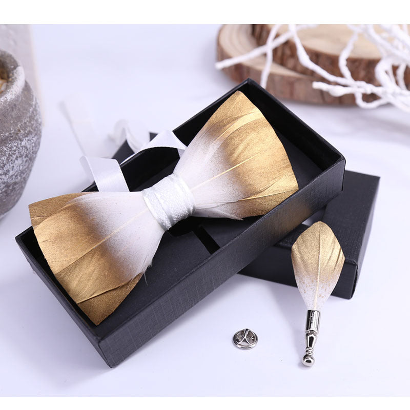 272 Golden Glitter Feather Wedding Groom Groomsman Butterfly Wedding Shirt Men's Yellow Bow Tie Flower