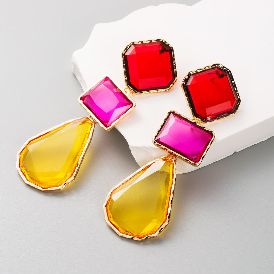 European and American fashion light luxury alloy square earrings colorful waterdrop resin earrings ornaments bohemian retro earrings