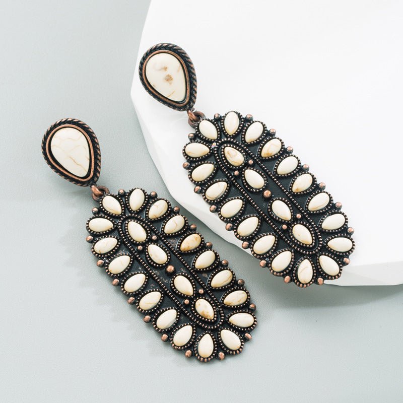 European and American retro copper-plated exaggerated earrings, women's alloy inlaid with white turquoise, high-quality earrings, independent station hit