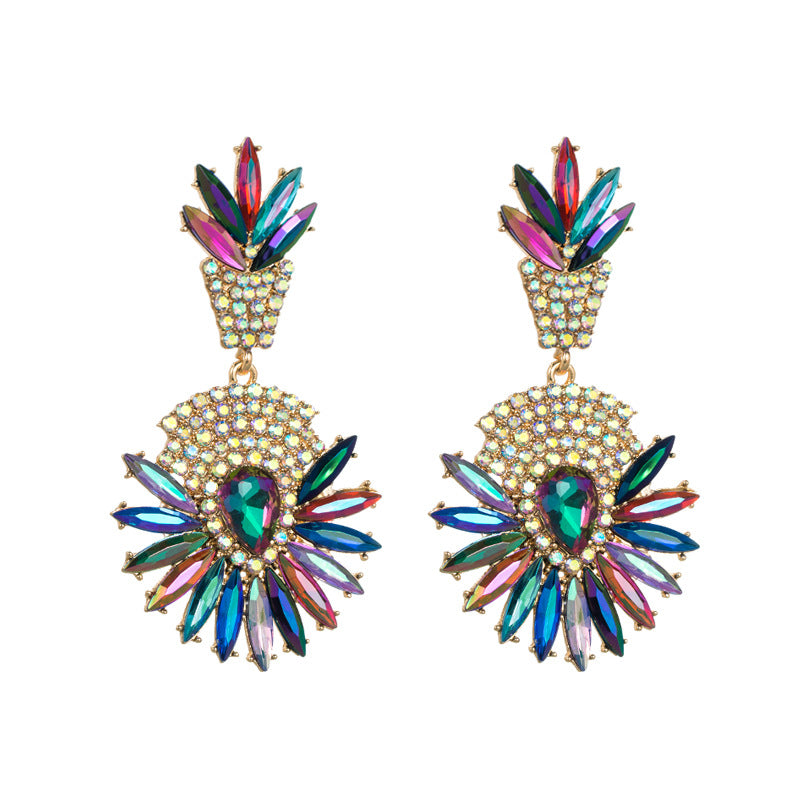 European and American exaggerated alloy inlaid with colored diamonds heavy industry earrings female bohemian national style full of diamond earrings earrings