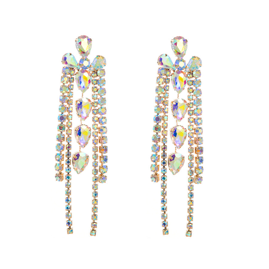 European and American personality exaggerated, multi-layered geometric glass, diamond and diamond tassel earrings, feminine diamond catwalk earrings