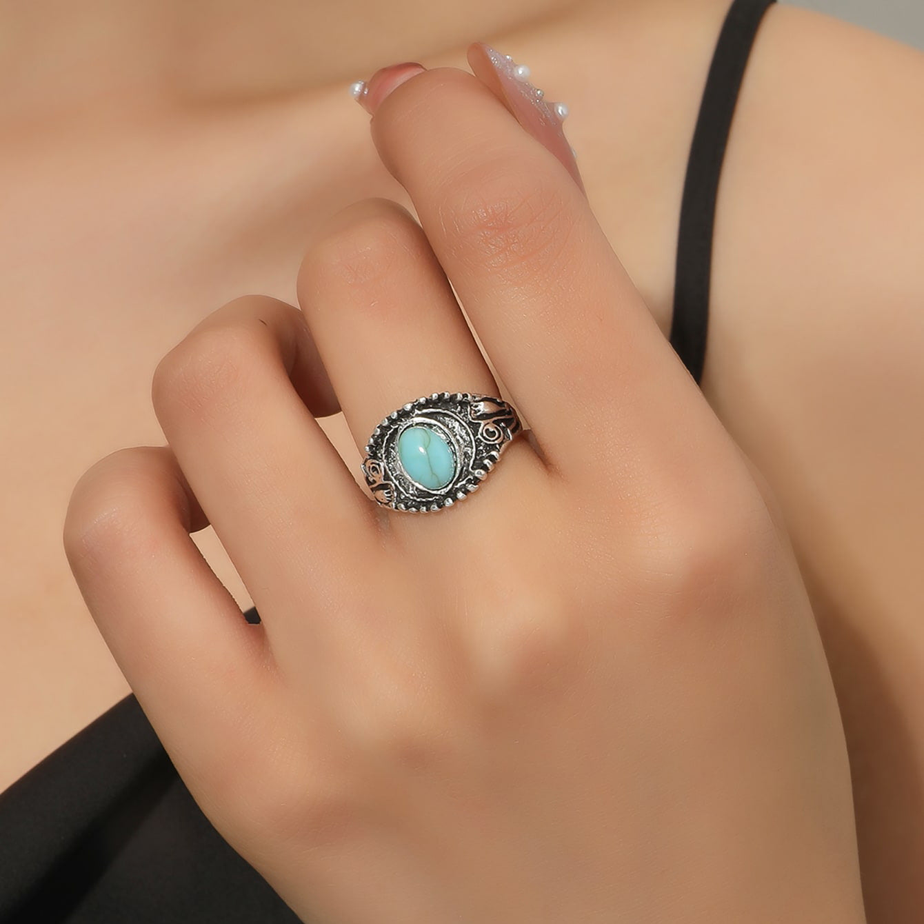 New cross-border jewelry bohemian turquoise alloy ring personality fashion versatile ring ring