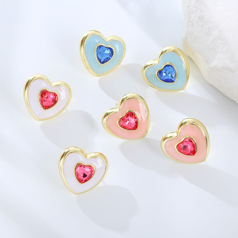 European and American fashion earrings rhinestone inlaid color zircon plating earrings heart shaped ladies stud earrings wholesale