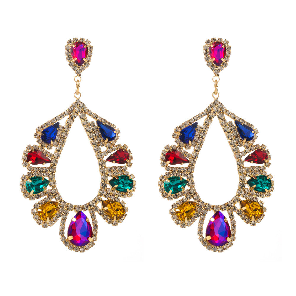 Cross-border European and American hot-selling temperament exaggerated earrings, women's personality light luxury, inlaid with colored glass diamonds, high-end banquet earrings