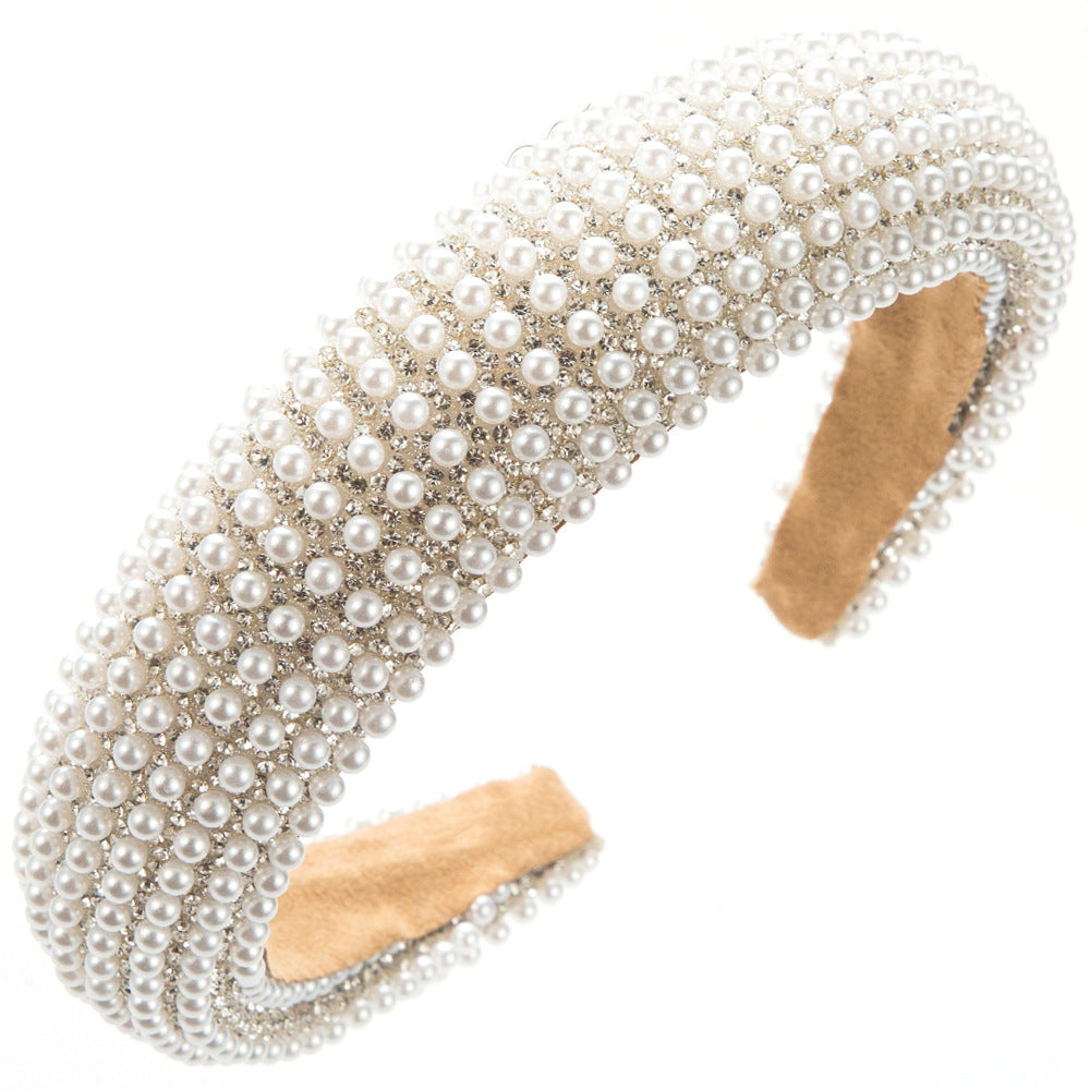 The Korean version of the new light luxury rhinestone pearl headband sponge high skull top headband inlaid with diamonds wide-brimmed face and hair pressure headpiece female