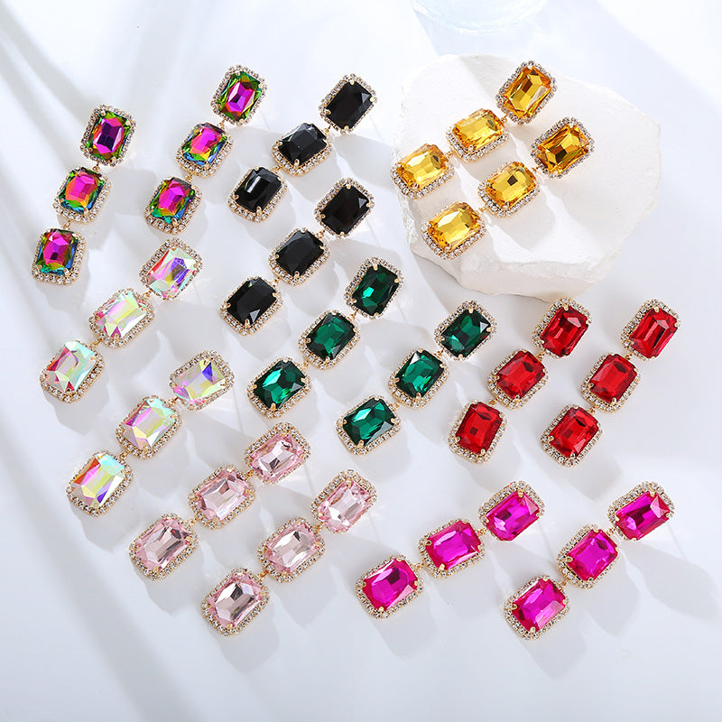 European and American fashion jewelry, square diamonds, zircon, gemstones, colored gemstones, studs, rectangular crystal earrings, earrings, high-end wholesale