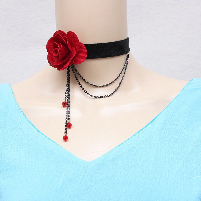 New European and American cross-border accessories vintage rose tassel pendant queen fan chocker necklace collar