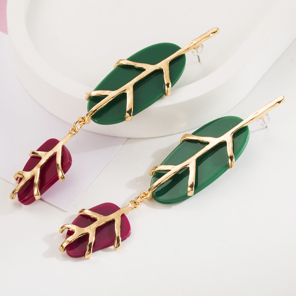 European and American cross-border new plant leaf earrings alloy inlaid resin personality earrings fashion atmosphere party earrings women