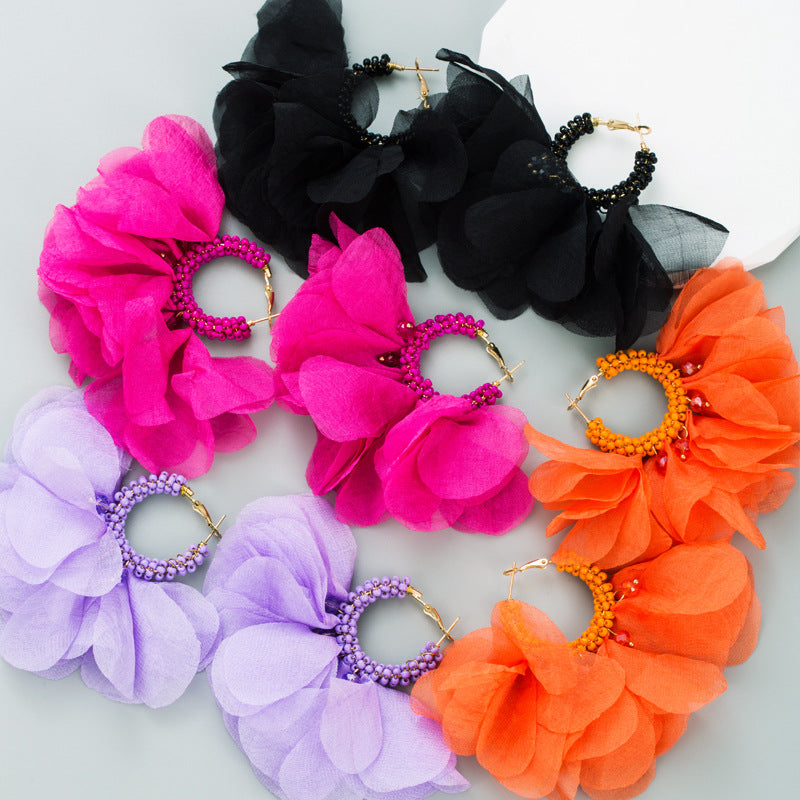 European and American Personality Creative Handwoven Beaded Flower Earrings Earrings Exaggerated Bohemian Chiffon Flower Earrings