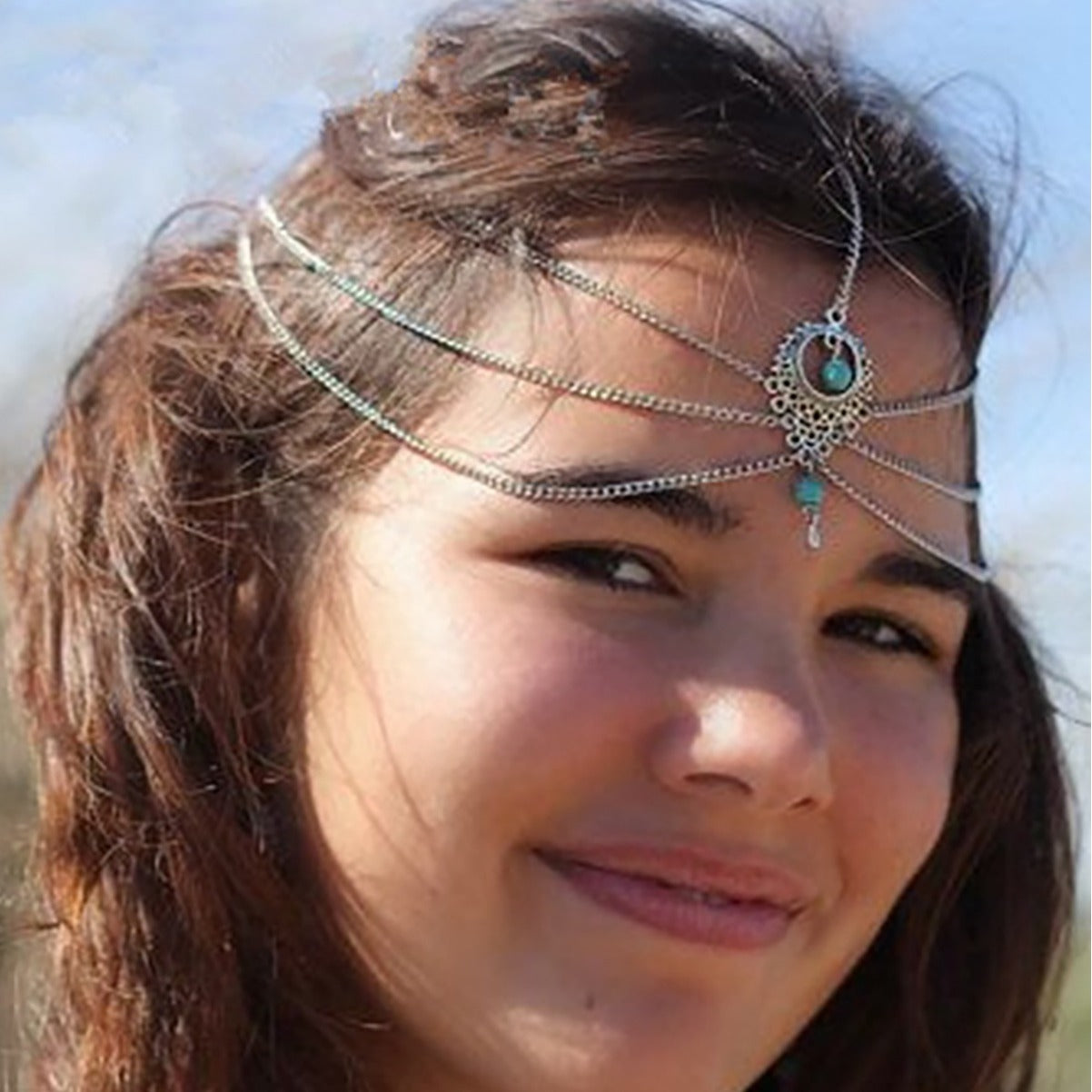 The new foreign trade hair ornament is European and American retro ethnic style hollow turquoise water drop tassel multi-layer simple hair head bracelet