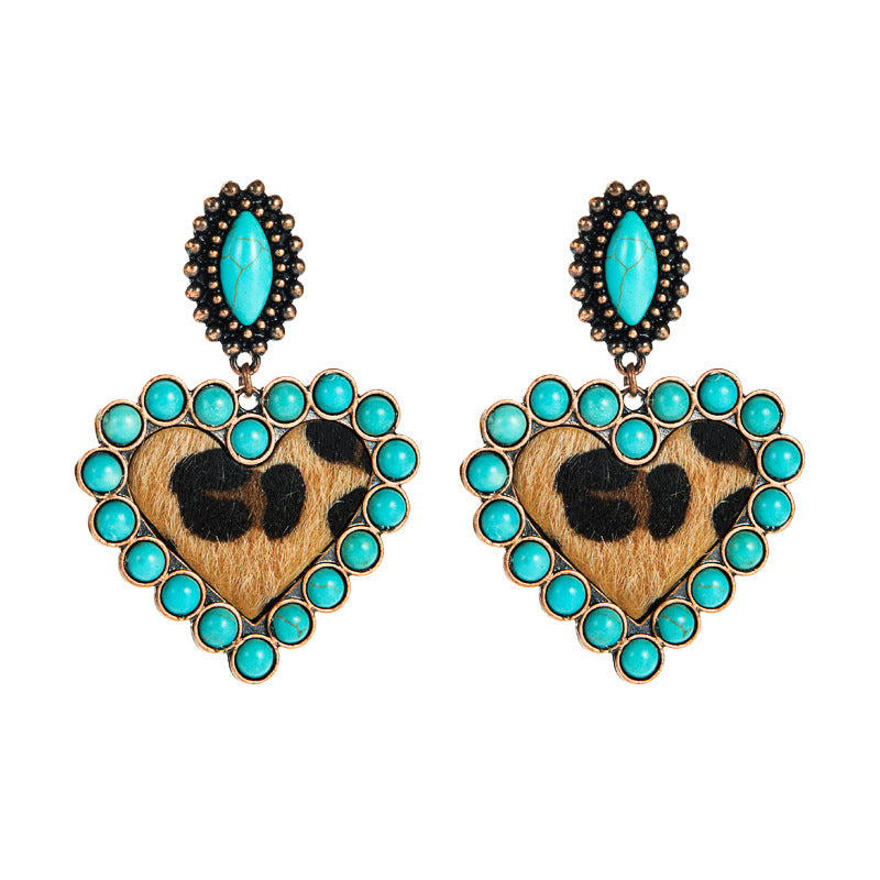 Amazon trendy earrings, European and American creative leopard print fabric, turquoise heart, exaggerated niche earrings