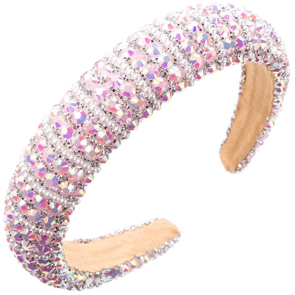 European and American new rhinestone pearl sponge headband baroque full diamond fashion versatile wide-brimmed hair headband women