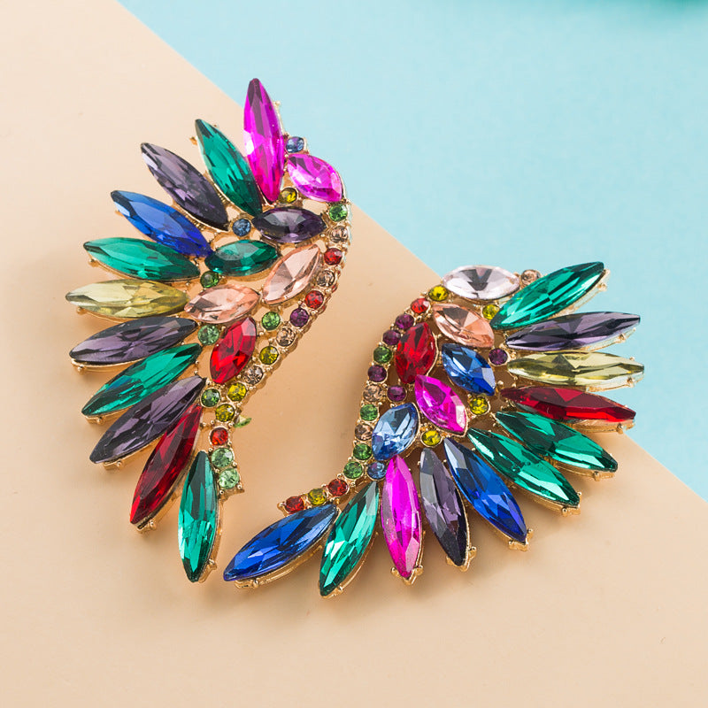 European and American heavy industry exaggerated fan-shaped bohemian style wings colored rhinestone earrings trend stud earrings cross-border supply