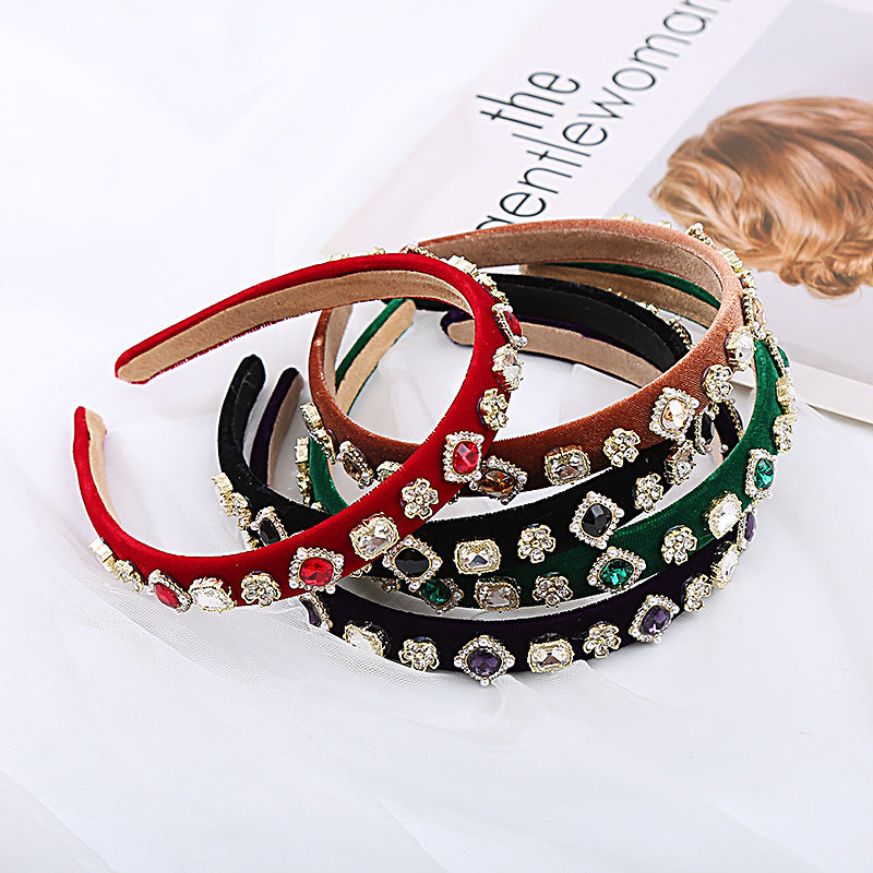 Internet celebrity fashion headbands, geometric inlaid rhinestones, palace velvet headbands, women's European and American baroque style hair accessories wholesale