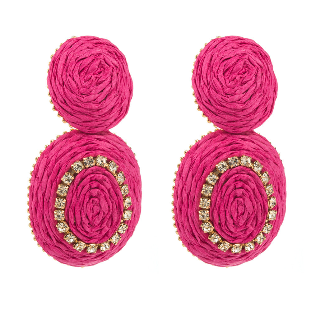 European and American hand-woven raffia with diamonds, exaggerated personality drop earrings, bohemian resort style versatile earrings, earrings