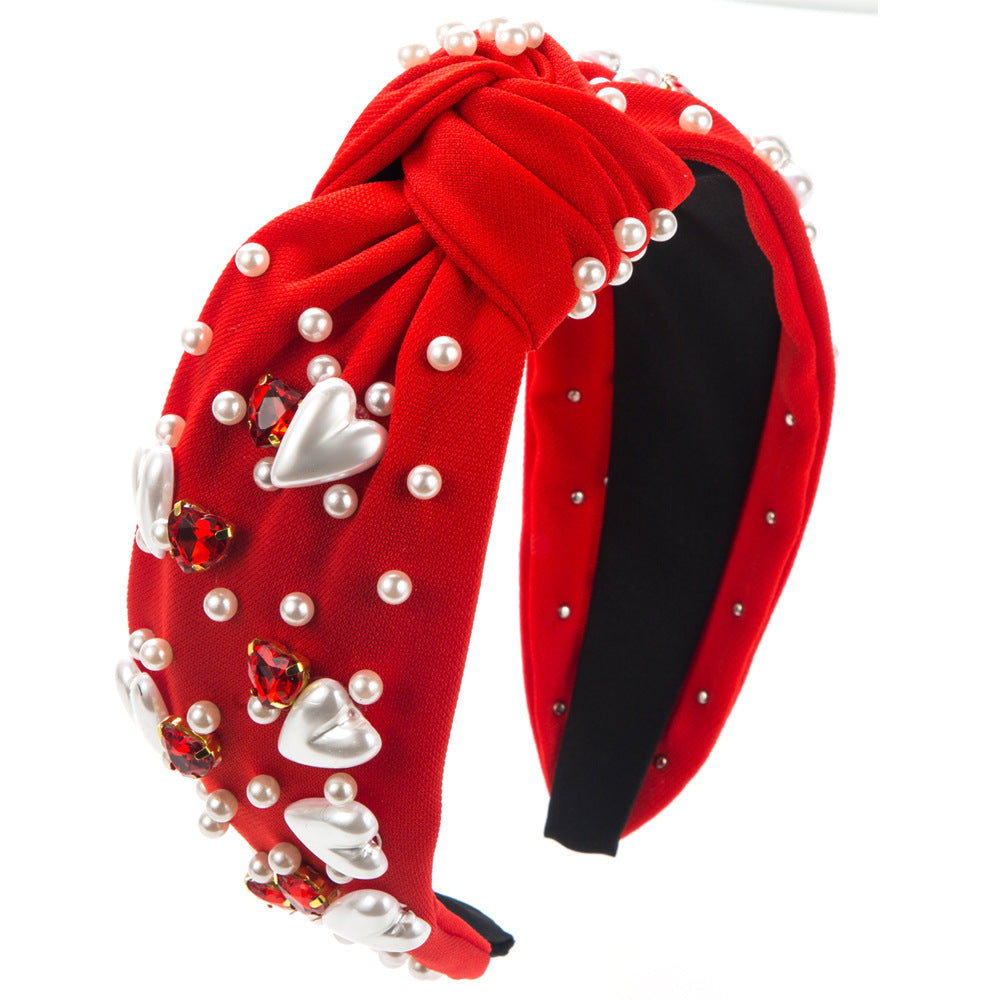 Korean version fashion sweet love pearl headband women's cross-border new diamond beads wide-edge knotted hair jewelry wholesale