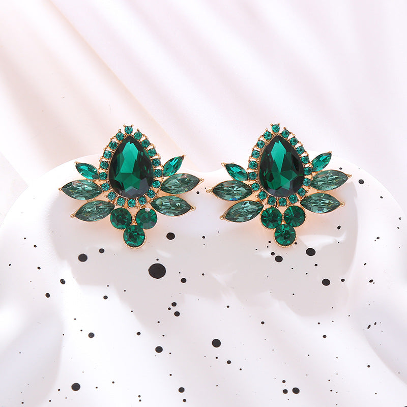 Earrings, French temperament, retro geometric glass and diamond earrings, delicate niche alloy and diamond light luxury earrings