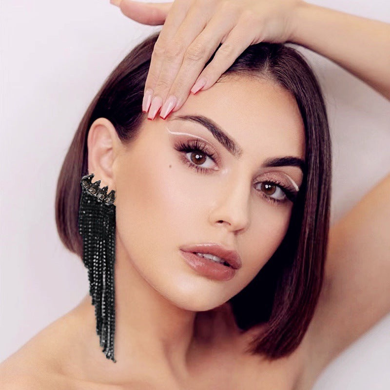 925 silver needle super flash claw chain alloy inlaid with diamonds long tassel earrings female European and American banquet exaggerated earrings wholesale