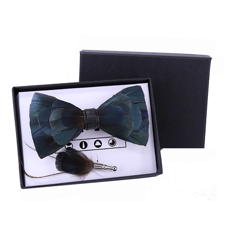 275 ink blue men's bow tie feathers bird feather nightclub marriage groom man wedding suit collar flower dark green bow tie