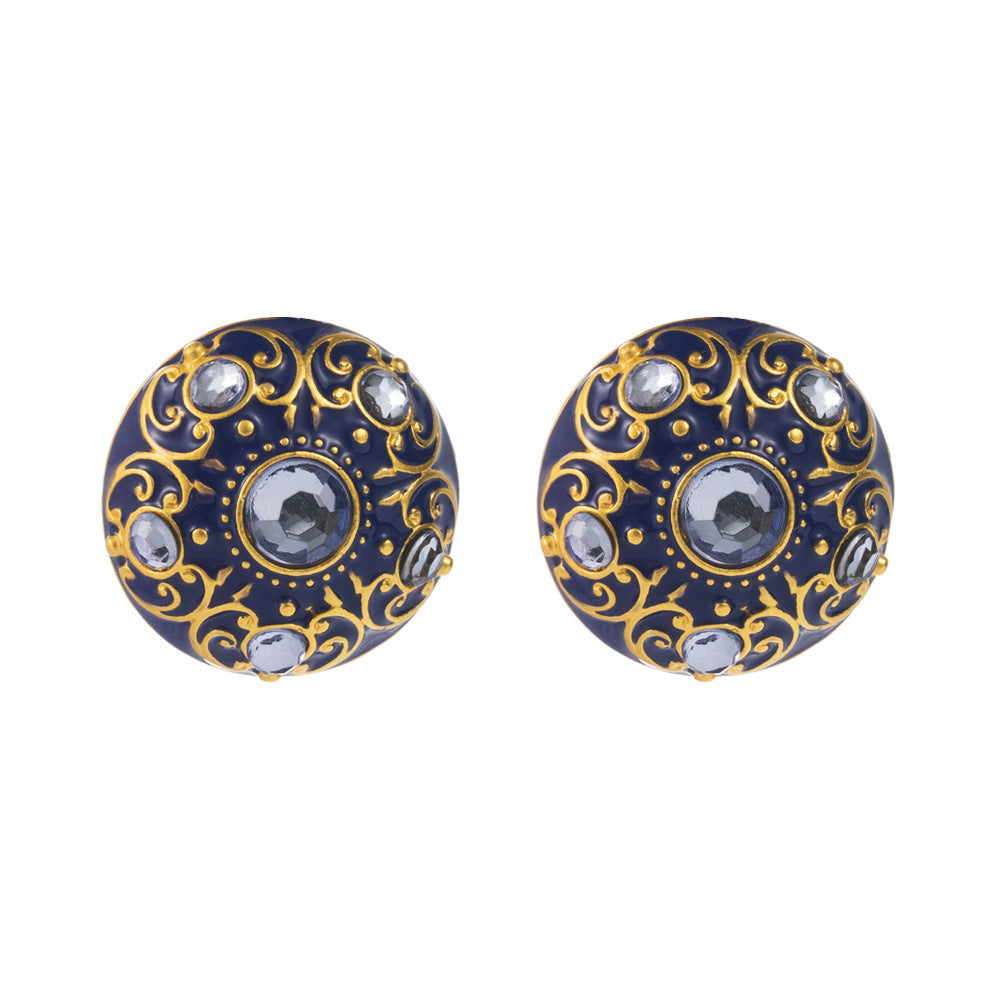 Cross-border retro atmosphere high-end earrings, dripping oil pattern, alloy inlaid with diamonds, S925 silver needle, palace style stud earrings