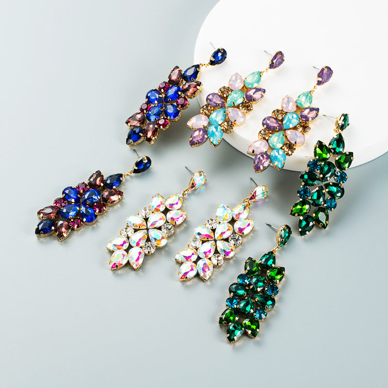Retro temperament, full of diamonds, colored rhinestones, glass diamonds, flowers, midi drop earrings, creative personality, tassel drop earrings