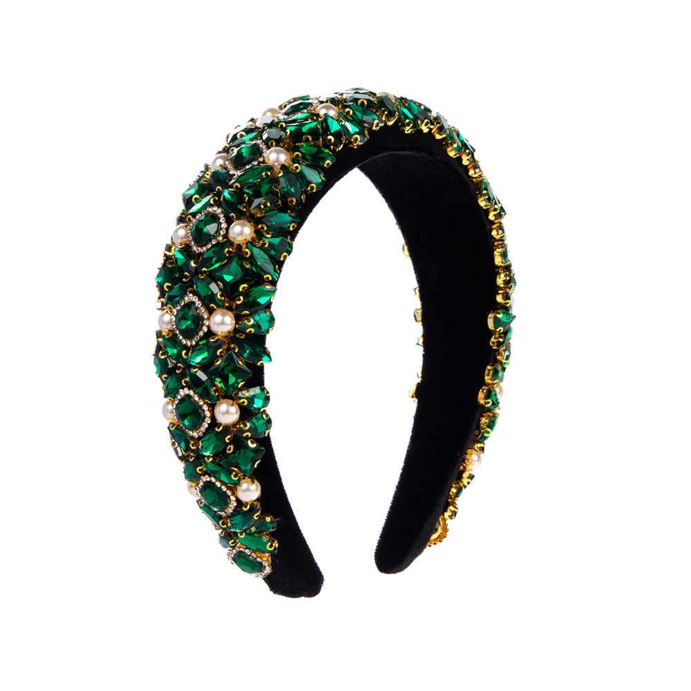 Cross-border hot sale Korean version of the sponge pearl headband with colored diamonds, European and American baroque headbands, wide-brimmed rhinestone hair accessories wholesale