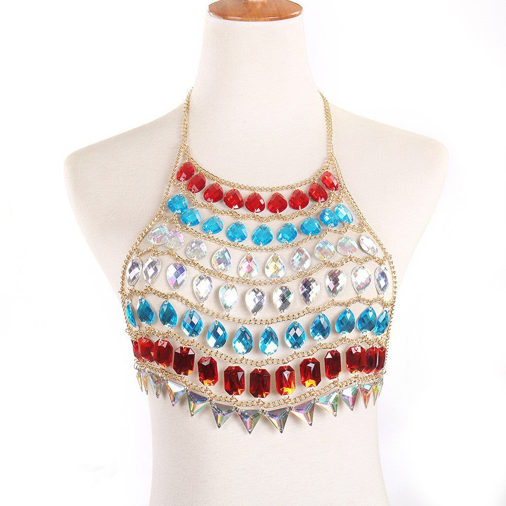 New European and American cross-border fashion jewelry acrylic sexy beach color-blocked backless chest chain body chain