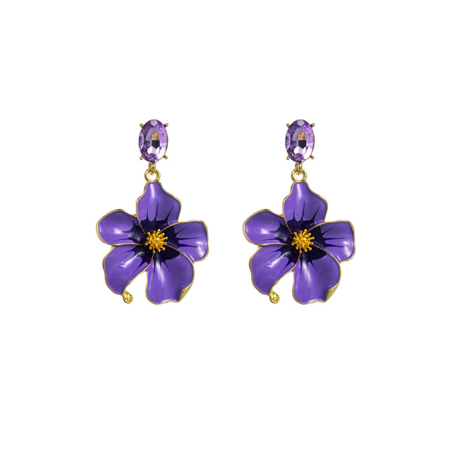 European and American fashion personality retro new earrings, exaggerated glass diamonds, three-dimensional flowers, dripping oil earrings, women's elegant earrings