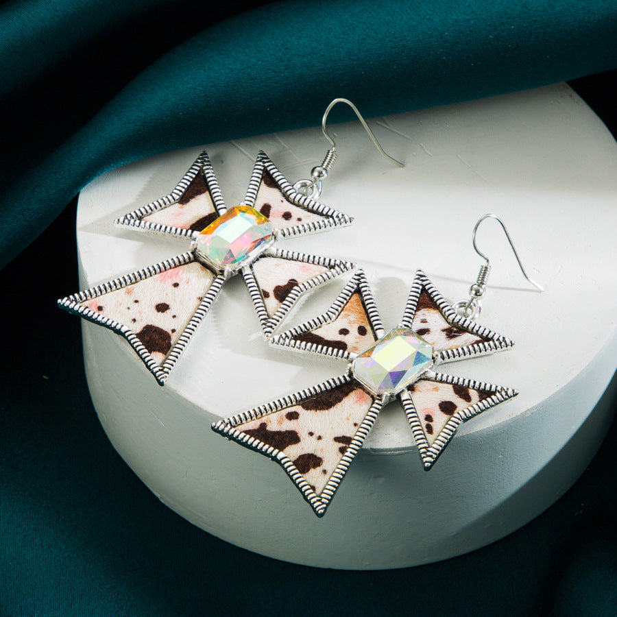 European and American trend retro creative cross earrings women's alloy inlaid glass diamond leopard print leather street style temperament earrings