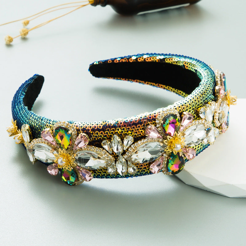 Heming headband, cross-border new baroque retro heavy craft headband, exaggerated sequins, glass diamonds, high-end headwear