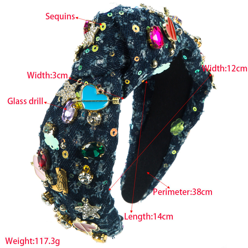 European and American fashion trends, love accessories, headbands, women's hand-sewn glass diamonds, denim hair accessories, cross-border supply