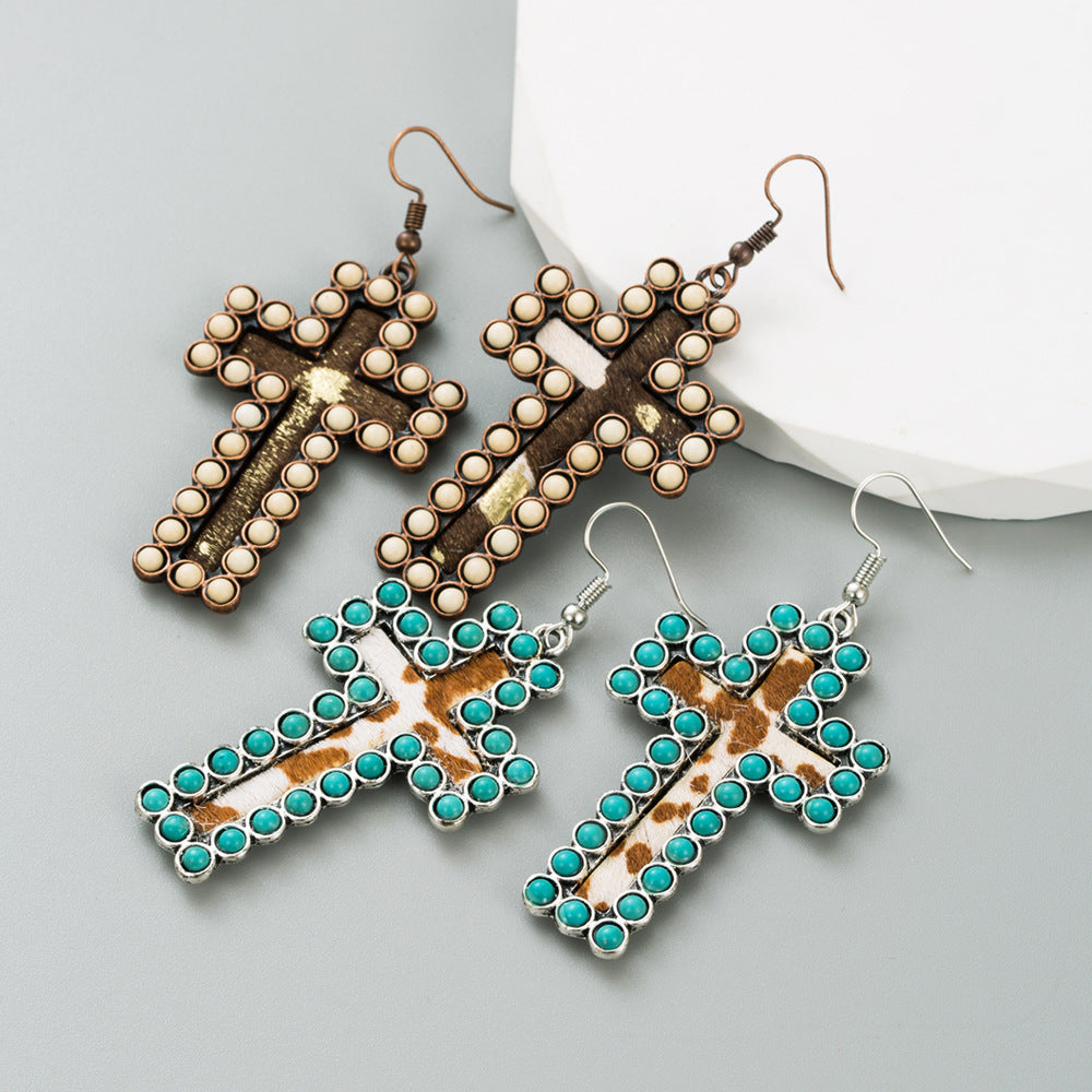 Amazon Hot Selling Ethnic Style Exaggerated Alloy Inlaid White Turquoise Earrings Women's Personality Leopard Print Leather Exaggerated Earrings