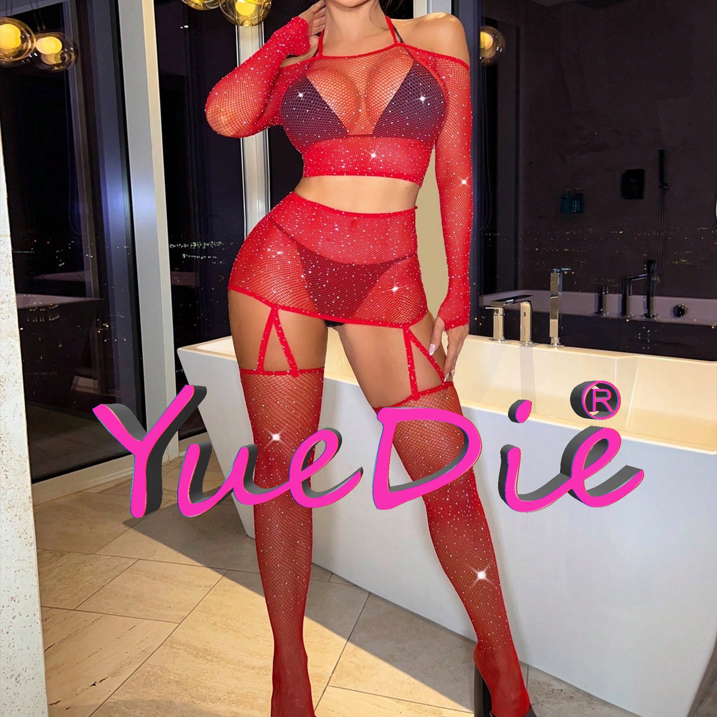 Yue Die's new sex suit in Europe and the United States, with sleeves, sexy hollow sex pajamas, hot diamonds, starry two-piece set 9140